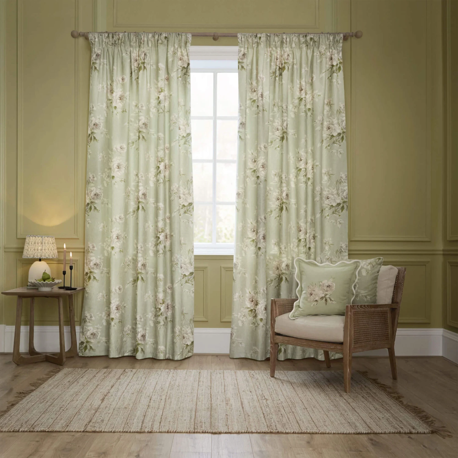 Adele Floral Sage Green Chenille Room Darkening Pencil Pleat 90" X 90" Curtains 1 Adele Floral Sage Green Chenille Room Darkening Pencil Pleat 90" X 90" Curtains