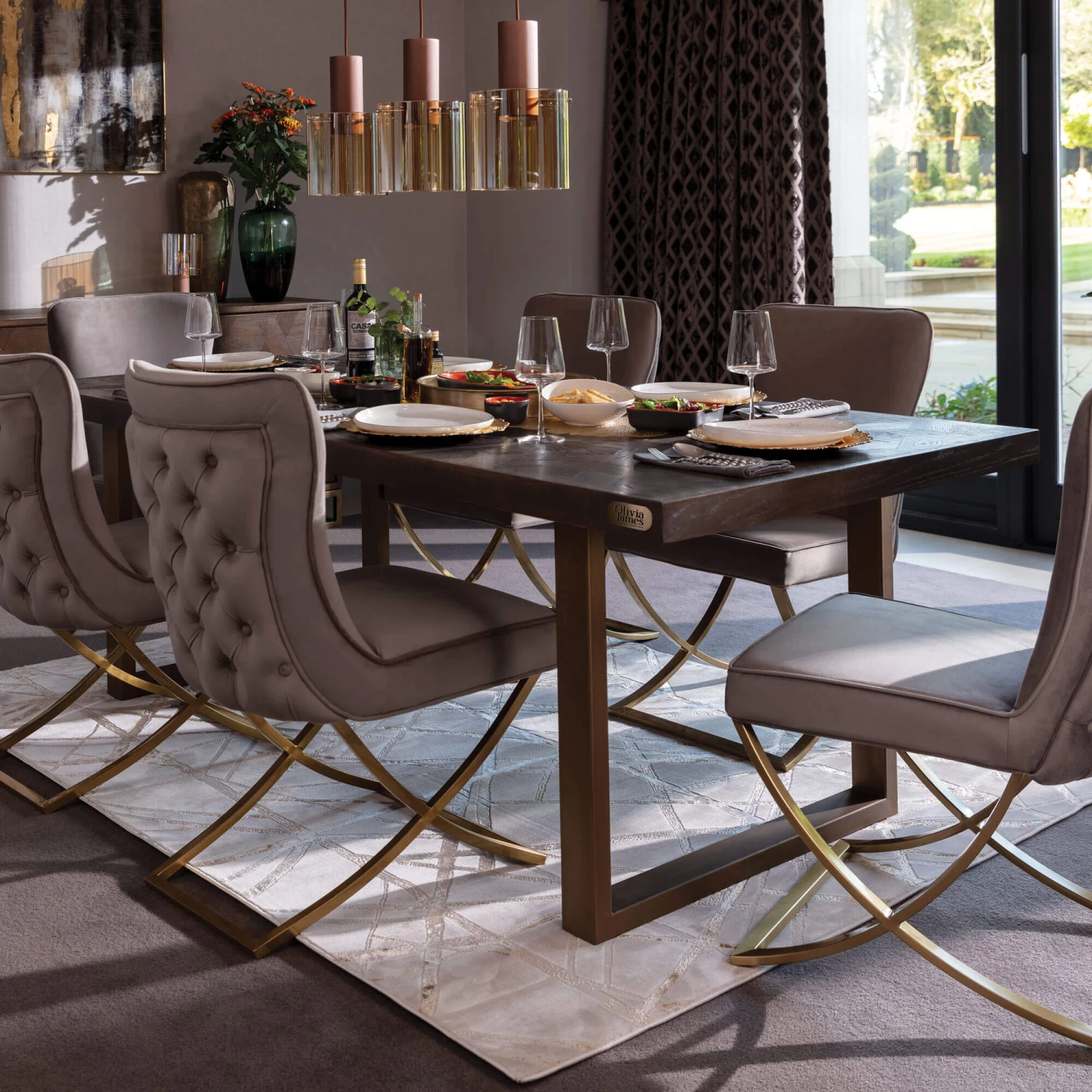 Olivia James Hemingway 220cm Mahogany Oak & Gold Dining Table & 6 Grey Chairs With Gold Legs 1 Olivia James Hemingway 220cm Mahogany Oak & Gold Dining Table & 6 Grey Chairs With Gold Legs