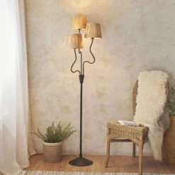 Wriggle Matt Black 3 Light Floor Lamp With Raffia Shades