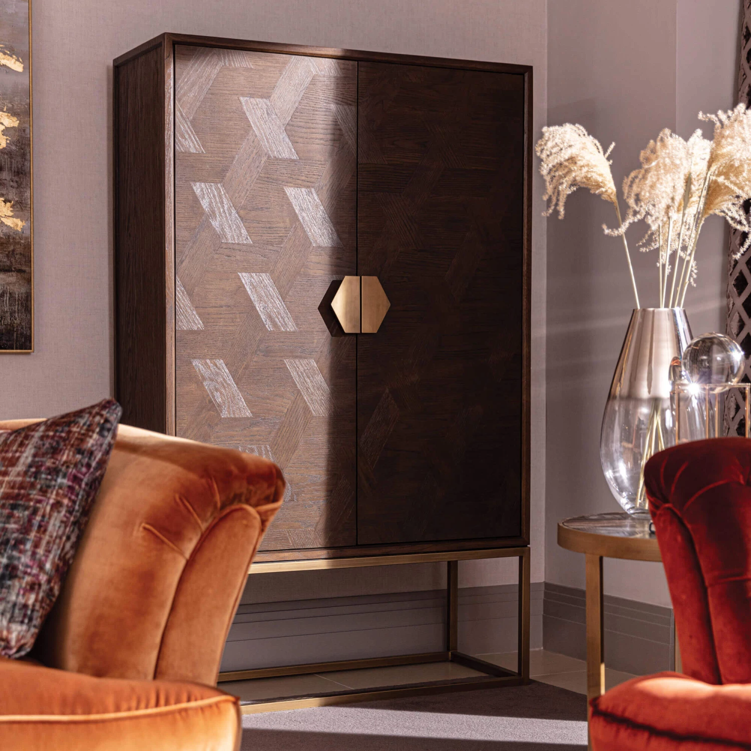 Olivia James Hemingway Mahogany Oak & Gold 2 Door Bar Cabinet 1 Olivia James Hemingway Mahogany Oak & Gold 2 Door Bar Cabinet