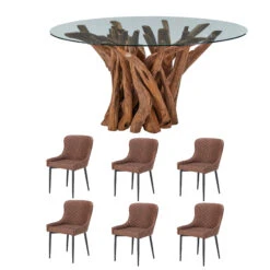 Java Teak 160cm Round Dining Table With 6 Toby Brown Faux Leather Dining Chairs
