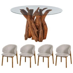 Java Teak 130cm Round Dining Table With 4 Eros Beige Dining Chairs