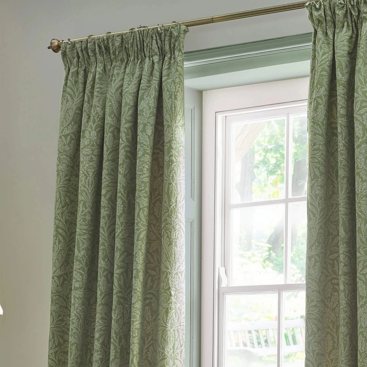 Acorn Tonal Sage Green Jacquard Room Darkening Pencil Pleat 66" X 90" Curtains 2 Acorn Tonal Sage Green Jacquard Room Darkening Pencil Pleat 66" X 90" Curtains - Image 2