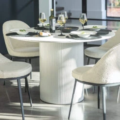 Irina White Marble Effect 119.5cm Round Dining Table And Futura Cloud White Boucle Fabric Dining Chair -Housingunits 1f344b9a73b931fbcfe0860e4ef40f1a