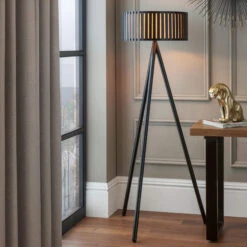 Slatted Black Wood Tripod Floor Lamp