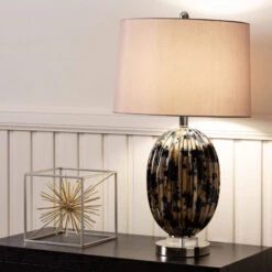 Almond Ribbed Black & Gold Table Lamp With Taupe Shade -Housingunits 282fdce4163cc0b97a346babda656cf5