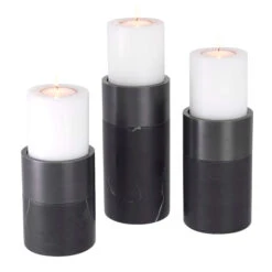 Eichholtz Sierra Set Of 3 Black Bronze & Marble Candle Holders
