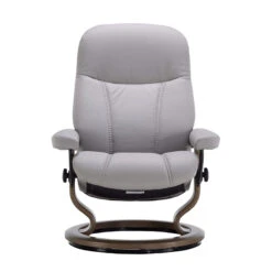 Stressless Medium Consul Leather Recliner Chair & Footstool In Batick Platinum Grey With Smoked Oak Classic Base