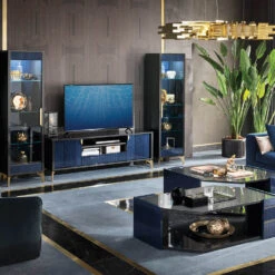 Celeste High Gloss Cobalt Blue Left Hand Curio Display Cabinet -Housingunits 2f267cb35683a79322f392c541279813