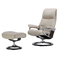 Stressless View Medium Leather Recliner Chair & Footstool In Velaro Light Grey With Wenge Signature Base