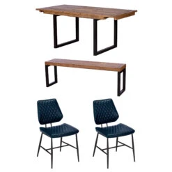 Malmo Reclaimed Timber 140cm Extending Dining Table, Bench & 2 Kiara Blue Chairs -Housingunits 36f5524274388963018ef2992d4afc4b