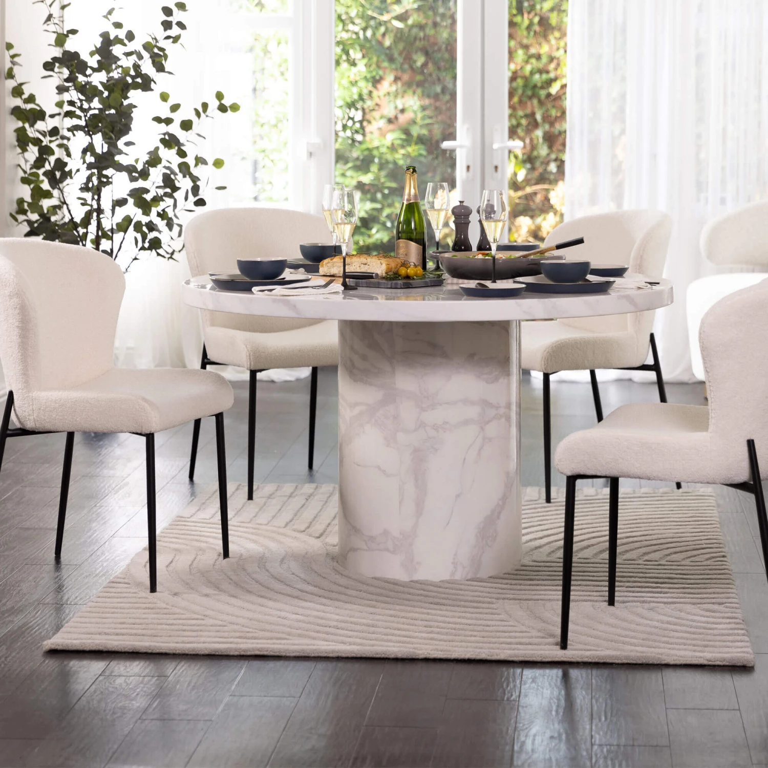 Savona Bone 130cm Round Marble Effect Dining Table & 4 Gabriel White Boucle Fabric Dining Chair 1 Savona Bone 130cm Round Marble Effect Dining Table & 4 Gabriel White Boucle Fabric Dining Chair