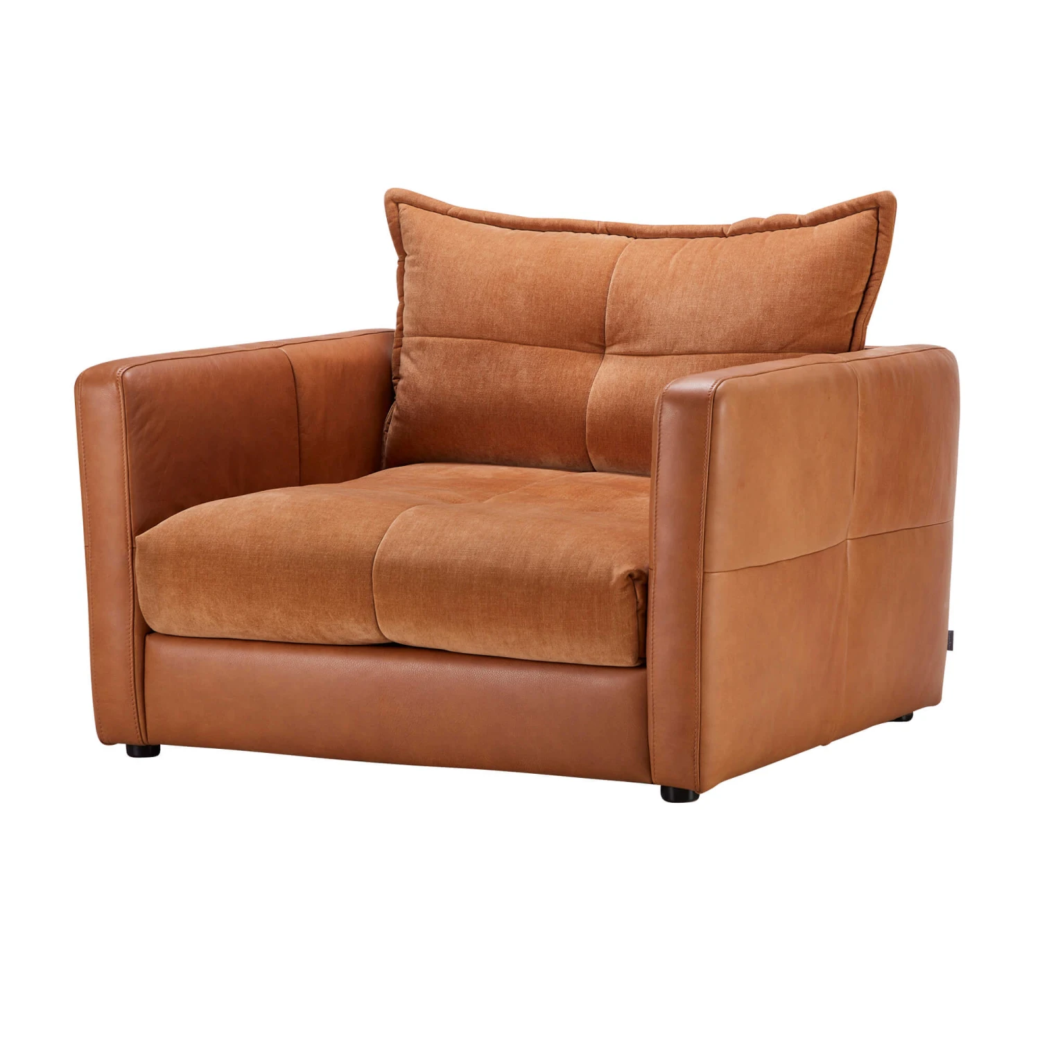 Alexander & James Miller Camel Leather & Velvet Mixed Fabric Snuggler Sofa 2 Alexander & James Miller Camel Leather & Velvet Mixed Fabric Snuggler Sofa - Image 2