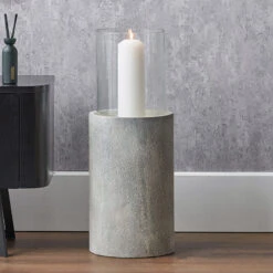 Small Stone Grey Metal Hurricane Candle Holder