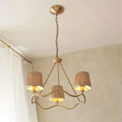 Wriggle Aged Brass 3 Light Pendant With Raffia Shades
