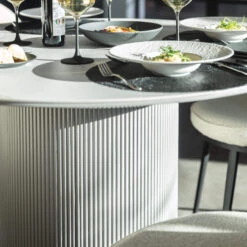 Irina White Marble Effect 119.5cm Round Dining Table And Futura Cloud White Boucle Fabric Dining Chair -Housingunits 606c10fc92bbcfa837affda3b1e6cd69