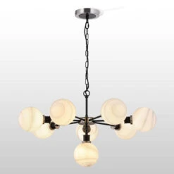 Canning Satin Nickel 8 Light Pendant With White & Grey Marbled Glass Shades