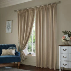 Laura Ashley Lille Stripe Truffle Natural 88" X 90" Pencil Pleat Curtains
