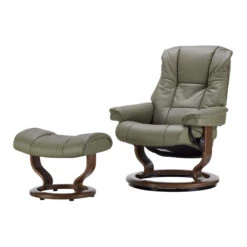 Stressless Mayfair Small Leather Recliner Chair & Footstool In Paloma Shadow Green With Walnut Classic Base