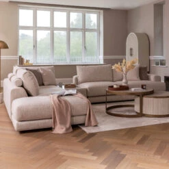 Naxos Large Tyne Natural Fabric Open End Right Arm Corner Group With Rectangular Table & Footstool