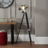 Hereford Silver & Black Wood Film Tripod Floor Lamp
