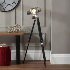 Hereford Silver & Black Wood Film Tripod Floor Lamp
