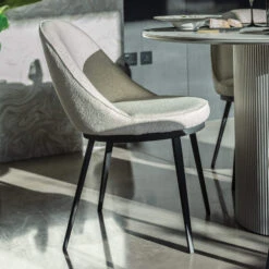 Irina White Marble Effect 119.5cm Round Dining Table And Futura Cloud White Boucle Fabric Dining Chair -Housingunits 986372bea07d948a237fbafd71cb08ff