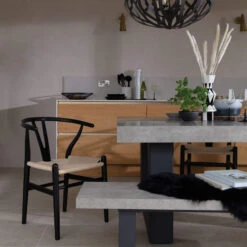 Ingrid Concrete-Effect 220cm Dining Table With Bench & 3 Larvik Black Wishbone Chairs -Housingunits 9916450f44327eb4e896ce96be6d1ef0