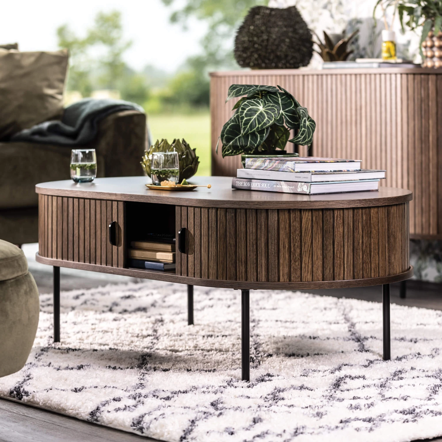 Annika Smoked Oak Slatted Sliding 2 Door Coffee Table 1 Annika Smoked Oak Slatted Sliding 2 Door Coffee Table