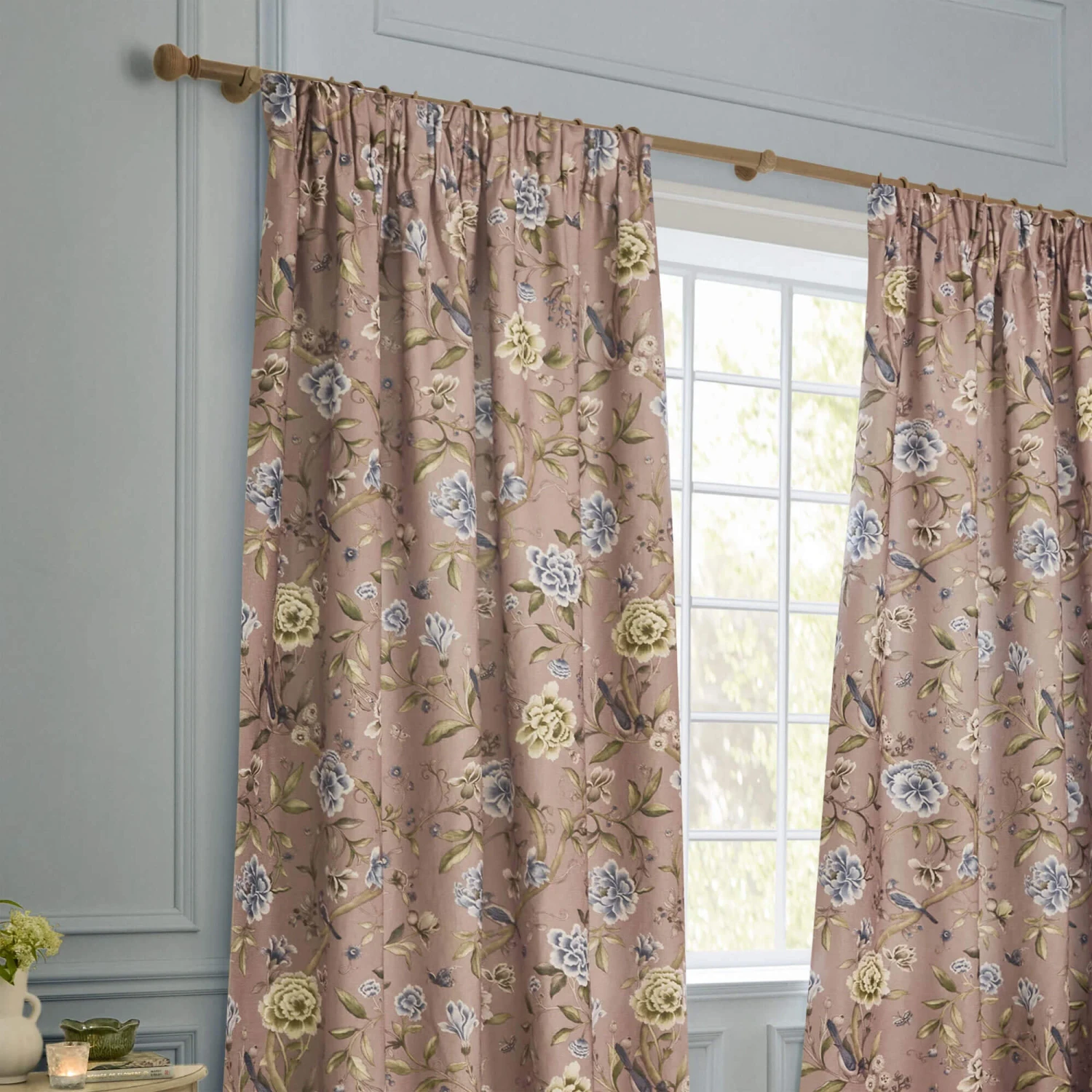 Porcelain Garden Blush Pink Chenille Room Darkening Pencil Pleat 66" X 54" Curtains 2 Porcelain Garden Blush Pink Chenille Room Darkening Pencil Pleat 66" X 54" Curtains - Image 2