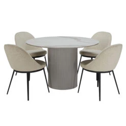Irina White Marble Effect 119.5cm Round Dining Table And Futura Cloud White Boucle Fabric Dining Chair -Housingunits a1c086c99ccbf0ef7a490670cc3d2ff7