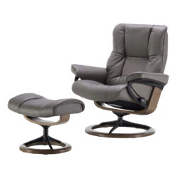 Stressless Mayfair Large Leather Recliner Chair & Footstool In Velaro Grey With Smoked Oak Signature Base