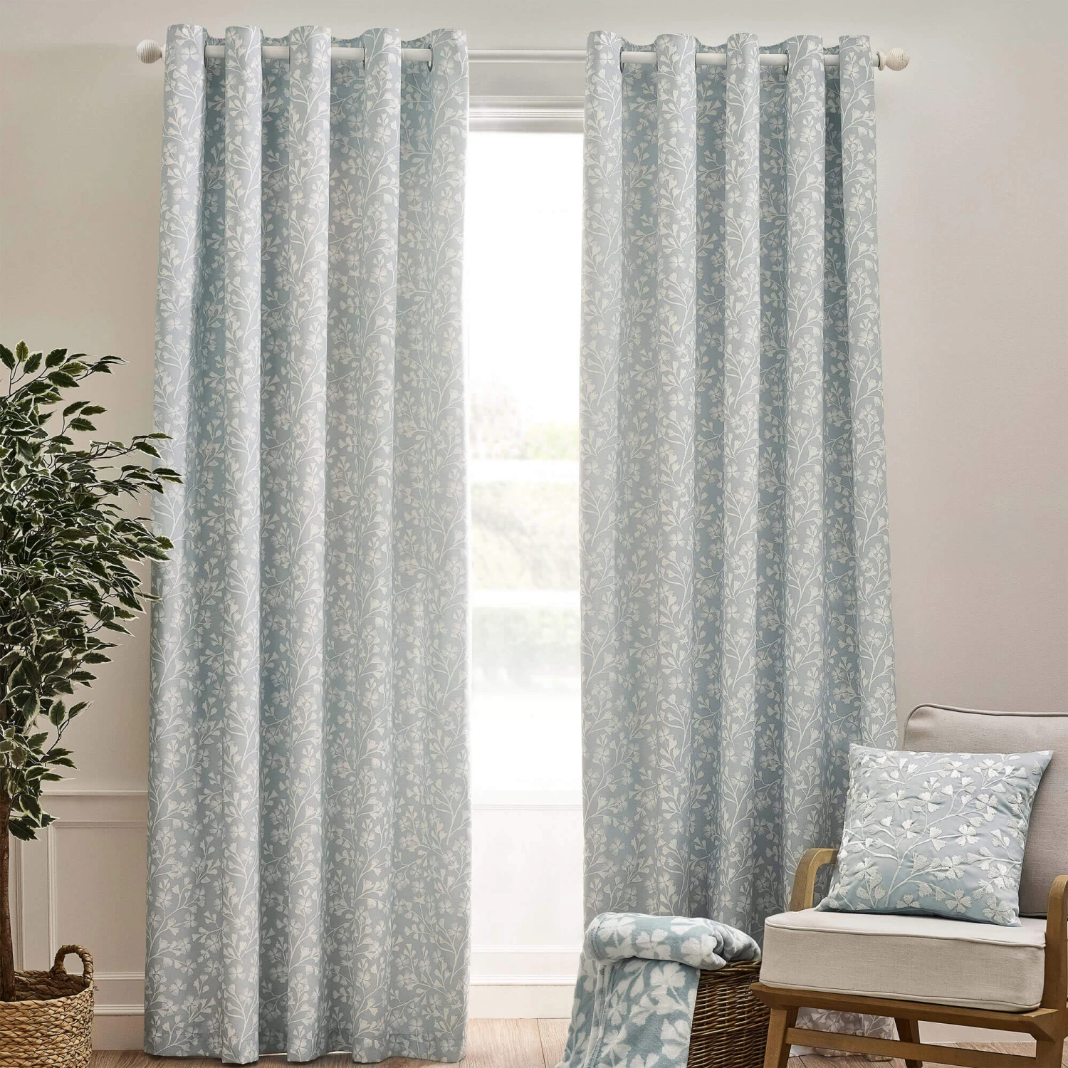 Brooke Floral Lined Duck Egg 66" X 72" Pencil Pleat Curtains 1 Brooke Floral Lined Duck Egg 66" X 72" Pencil Pleat Curtains