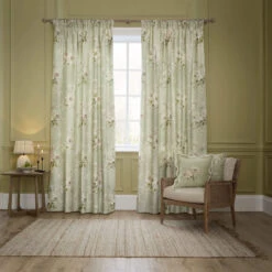 Adele Floral Sage Green Chenille Room Darkening Pencil Pleat Curtain Collection