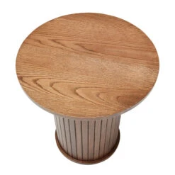 Annika Smoked Oak Slatted Round Side Table -Housingunits acb853e8949de56d704d9bd86e39c57b