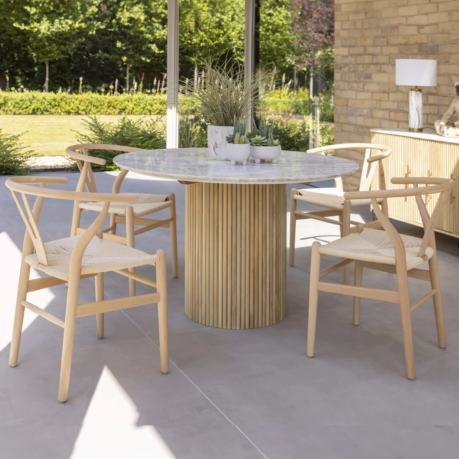 Rochelle 120cm Round Mango Wood & Marble Dining Table & 4 Larvik Natural Chairs 1 Rochelle 120cm Round Mango Wood & Marble Dining Table & 4 Larvik Natural Chairs