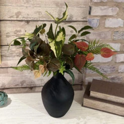Artificial Mixed Leaves Bouquet With Black Collared Vase