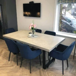 Levante Concrete-Effect 180cm Extending Dining Table & 6 Bronx Blue Velvet Chairs