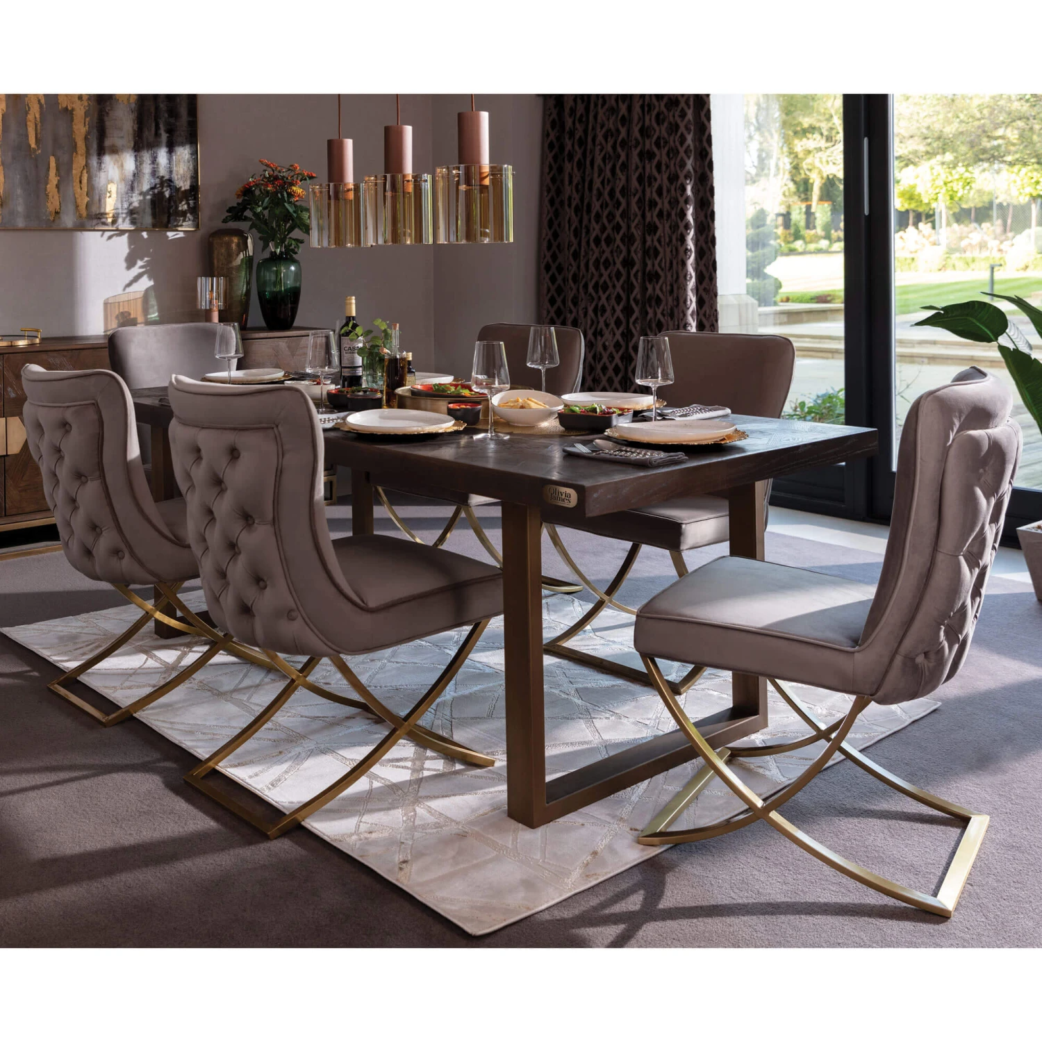 Olivia James Hemingway 220cm Mahogany Oak & Gold Dining Table & 6 Grey Chairs With Gold Legs 12 Olivia James Hemingway 220cm Mahogany Oak & Gold Dining Table & 6 Grey Chairs With Gold Legs - Image 12