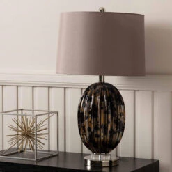 Almond Ribbed Black & Gold Table Lamp With Taupe Shade