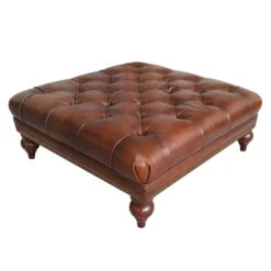 Balmoral Vintage Tabac Leather Square Footstool