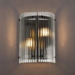 Alonza Matt Black & Clear Wide Ribbed Glass 2 Light Wall Light