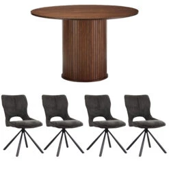 Annika Smoked Oak Slatted 120cm Round Dining Table And 4 Constance Grey Dining Chairs