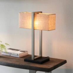 Squared Nickel Table Lamp With Natural Linen Shade