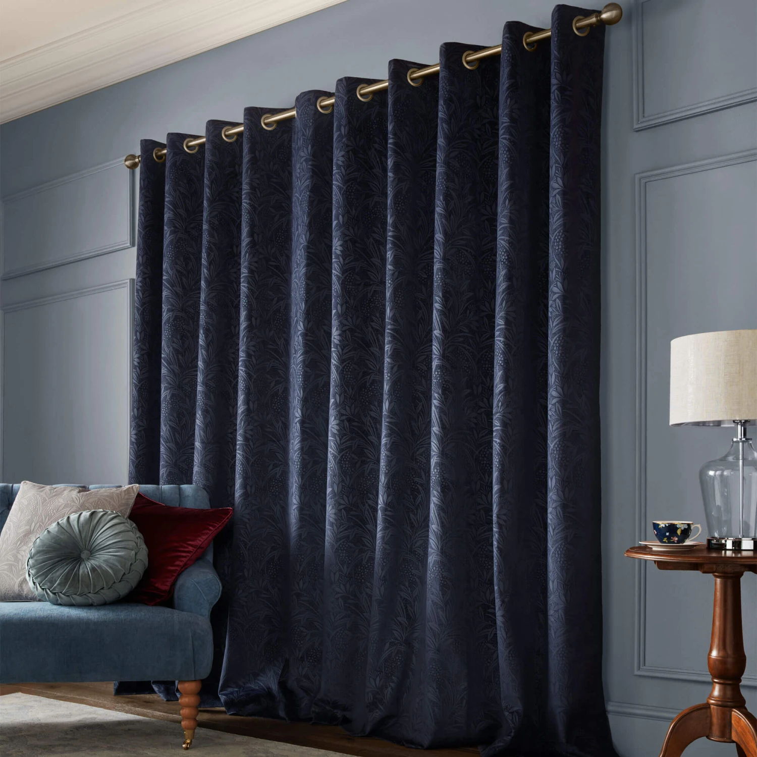 Laura Ashley Barley Embossed Midnight 66" X 90" Eyelet Curtains 2 Laura Ashley Barley Embossed Midnight 66" X 90" Eyelet Curtains - Image 2